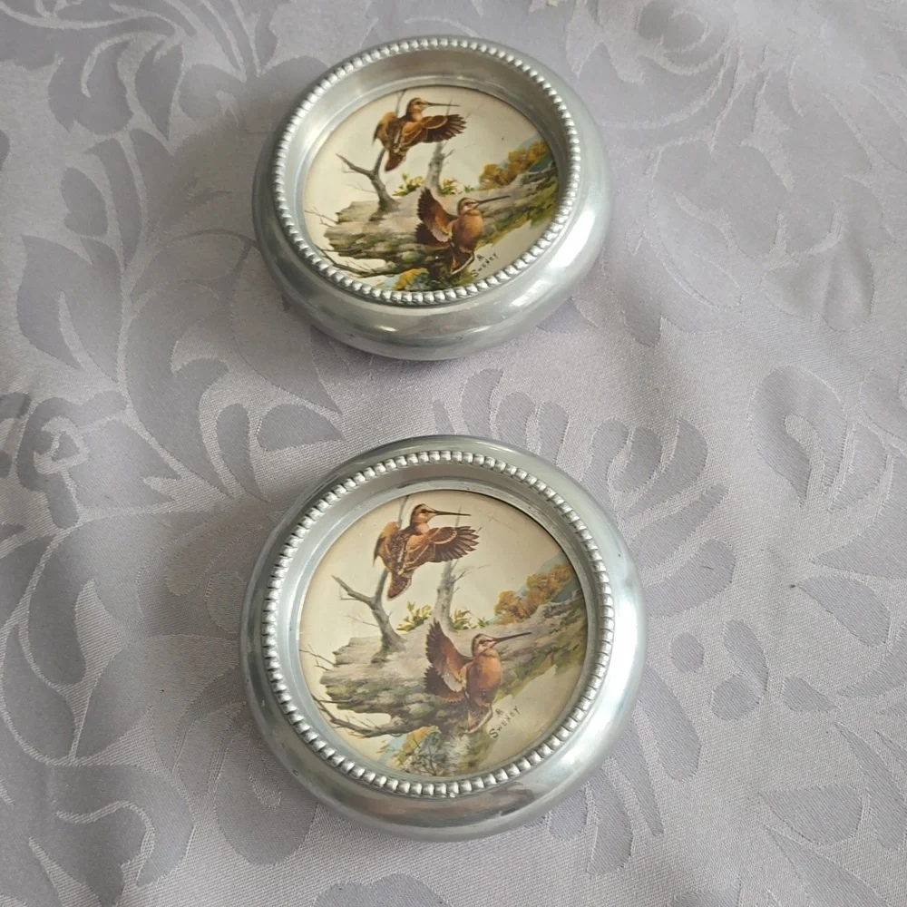 Vintage Set Of 4 Fred Sweney Coasters Birds Fish Metal Glass Barware Rustic